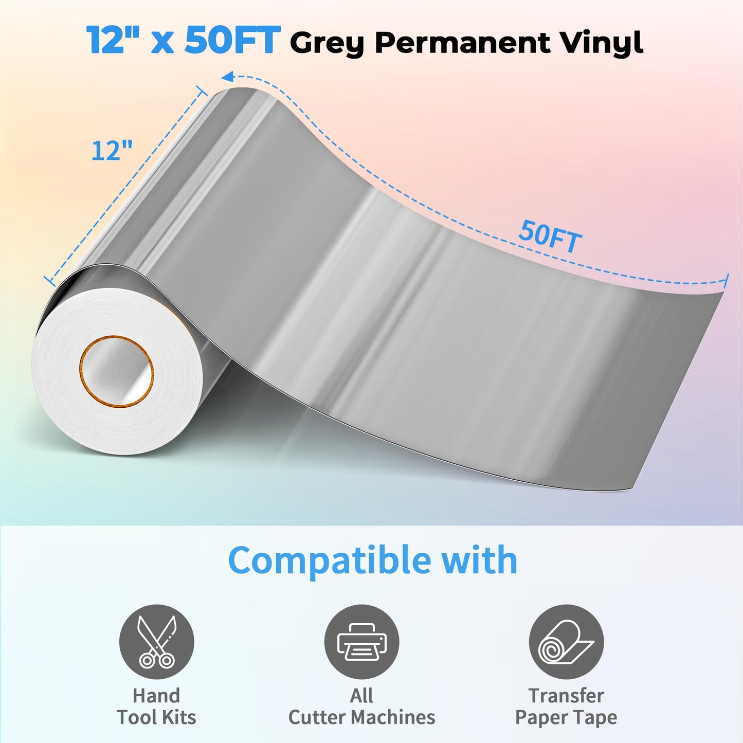 EPRCUT Grey Permanent Vinyl for Cricut Machines, Silhouette, 12'' x 50FT Gray Adhesive Vinyl Roll, Cameo Cutters, Glossy Gray Vinyl for DIY Party Decorations, Mug, Signs, Car Decals, Home Wall Stickers