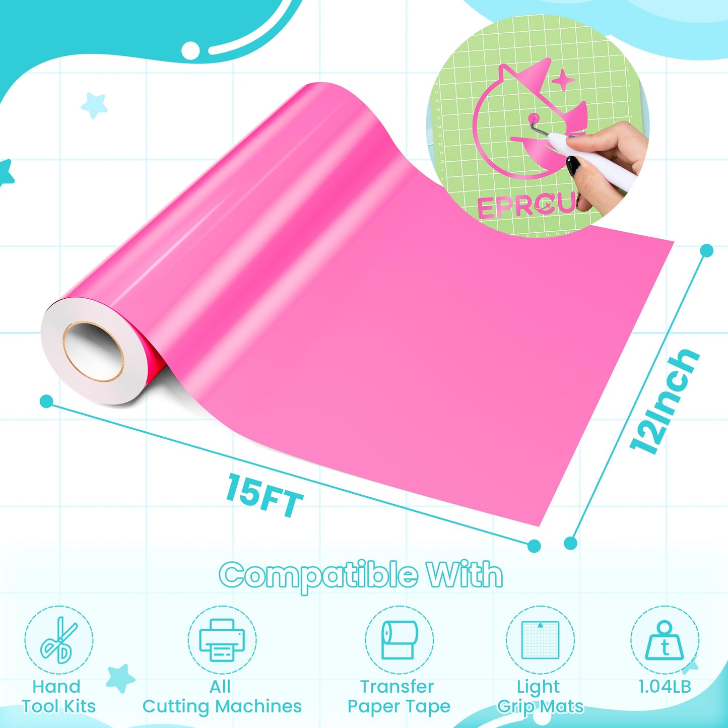 EPRCUT Permanent Vinyl 12'' x 15FT roll for All Cutting Machine, Outdoor Glossy Pink Permanent Vinyl, Home DIY Craft Stickers Home Decor Wall Decals, DIY Mug