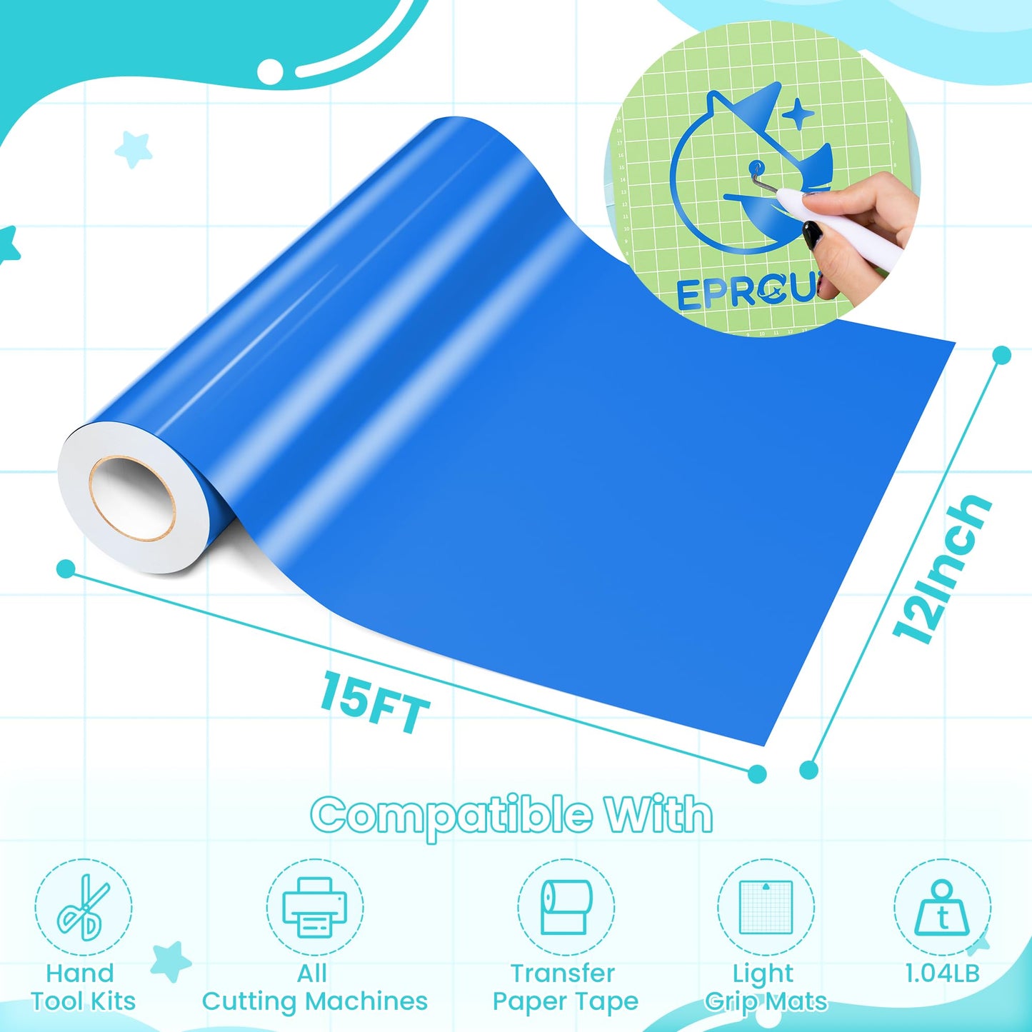 EPRCUT Blue Permanent Vinyl 12'' x 15FT roll for All Cutting Machine, Outdoor Glossy Blue Permanent Vinyl, Home DIY Craft Stickers Car Decor Wall Decals, DIY Mug