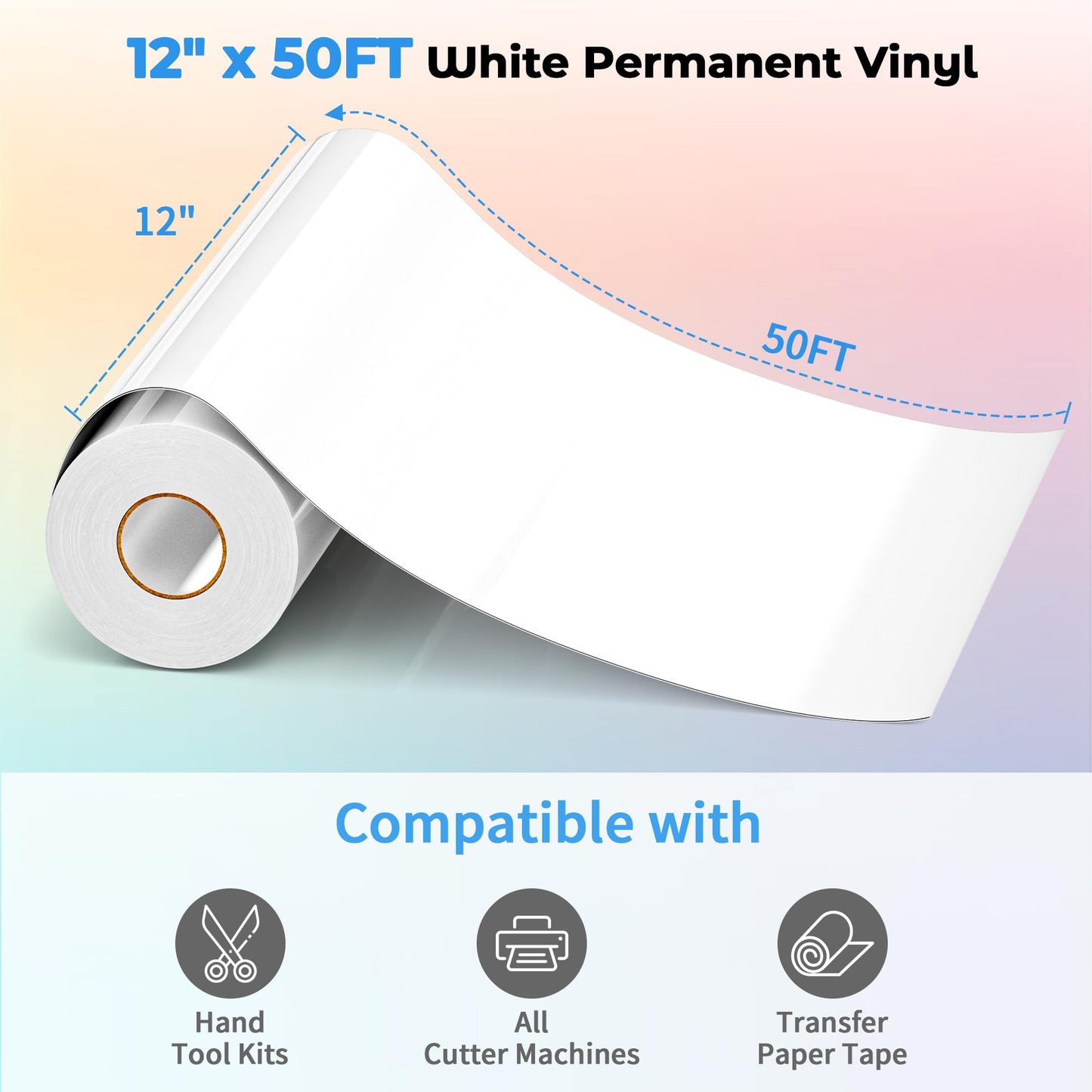EPRCUT White Permanent Vinyl Roll, Glossy 12'' x 50 FT Adhesive Vinyl, DIY Decals for Craft Cutter, Glossy Permanent Vinyl for All Cutting Machine