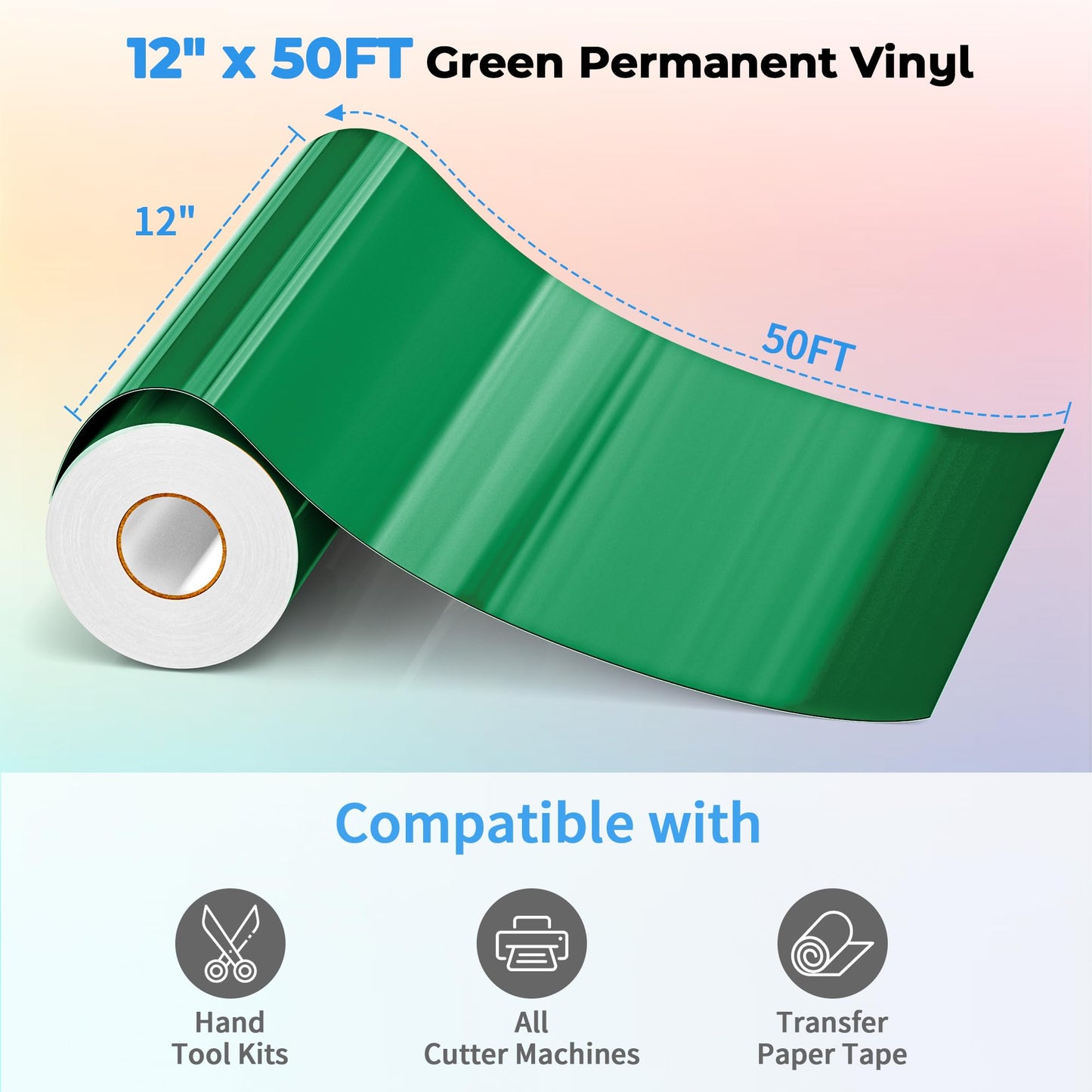 EPRCUT Green Permanent Vinyl 12'' x 50FT roll for All Cutting Machine, Outdoor Festival Decorations Permanent Glossy Vinyl, Home DIY Craft Stickers Home Decor Wall Decals, DIY Mug