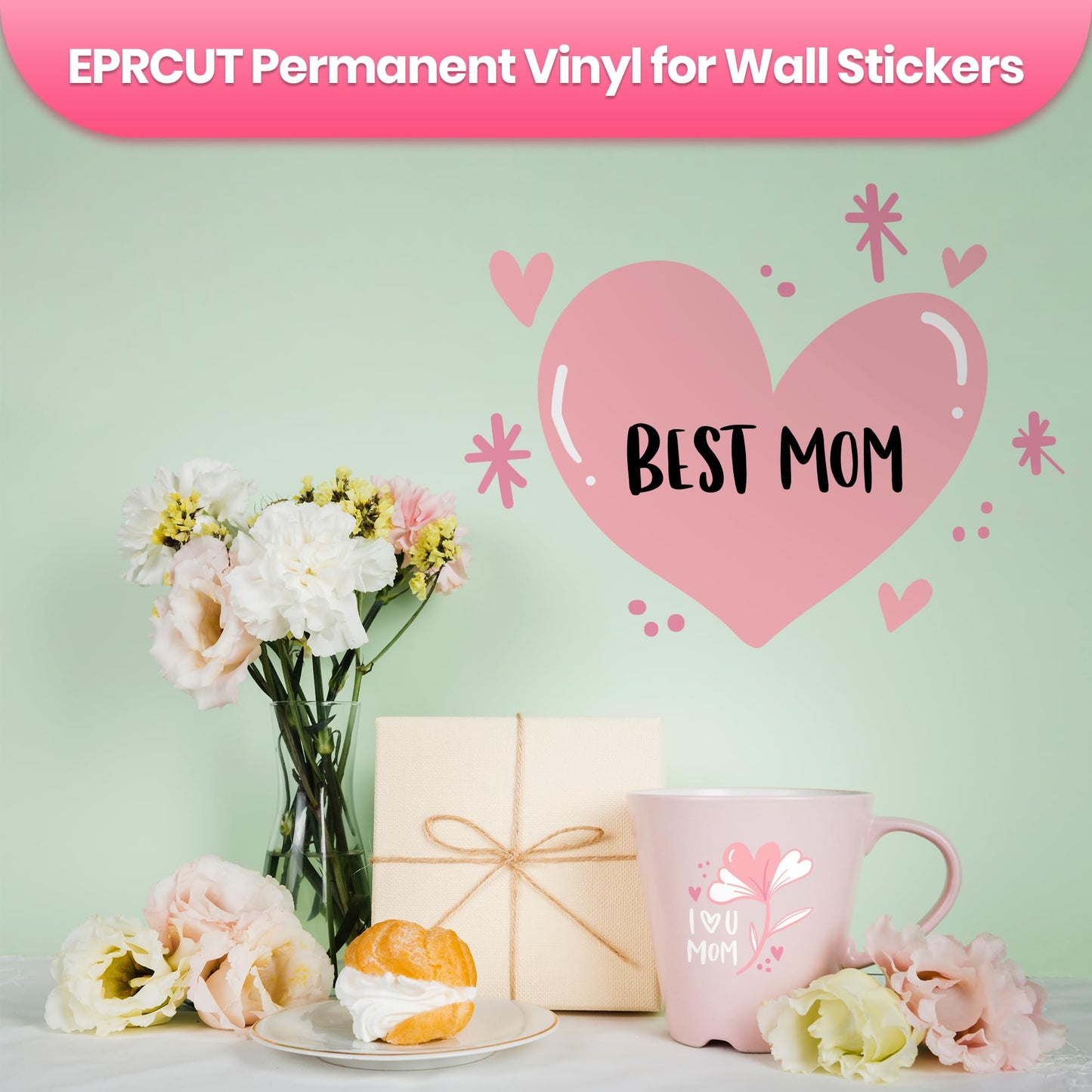 EPRCUT Permanent Vinyl 12'' x 15FT roll for All Cutting Machine, Outdoor Glossy Pink Permanent Vinyl, Home DIY Craft Stickers Home Decor Wall Decals, DIY Mug