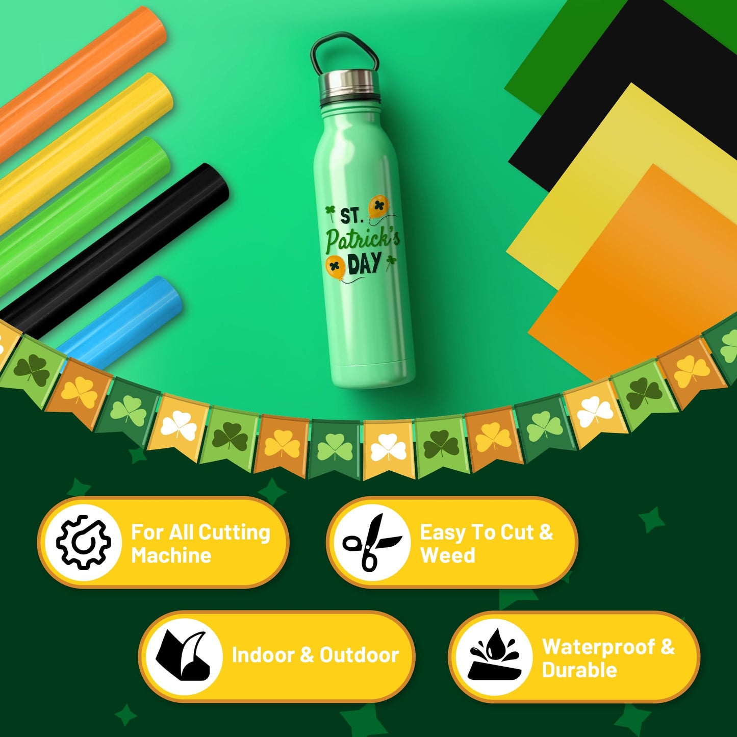 EPRCUT Green Permanent Vinyl 12'' x 50FT roll for All Cutting Machine, Outdoor Festival Decorations Permanent Glossy Vinyl, Home DIY Craft Stickers Home Decor Wall Decals, DIY Mug