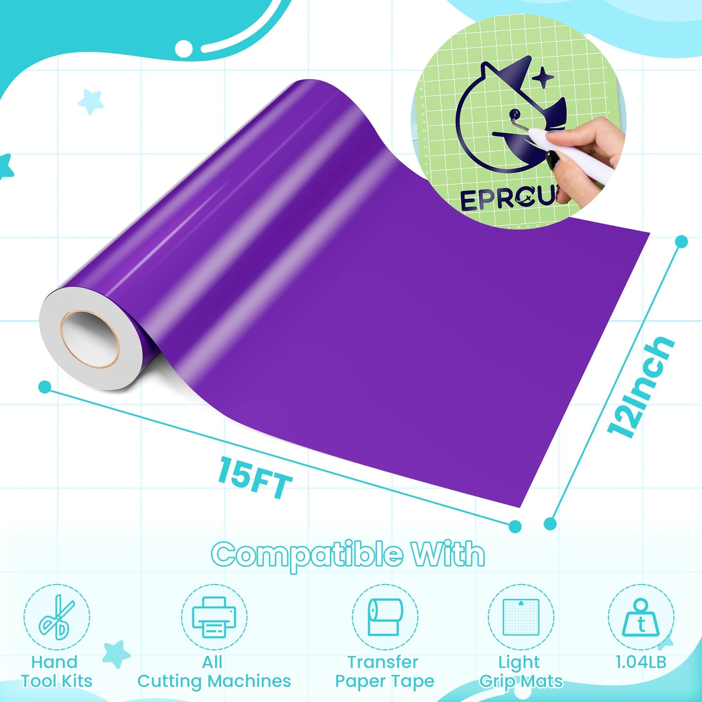 EPRCUT Purple Permanent Vinyl, 12'' x 15 FT Purple Adhesive Vinyl Roll for Cricut, Silhouette Cutters, Glossy Purple Vinyl for Wedding Party Decorations, Daily DIY Mug, Signs, Car Decals, Wall Stickers