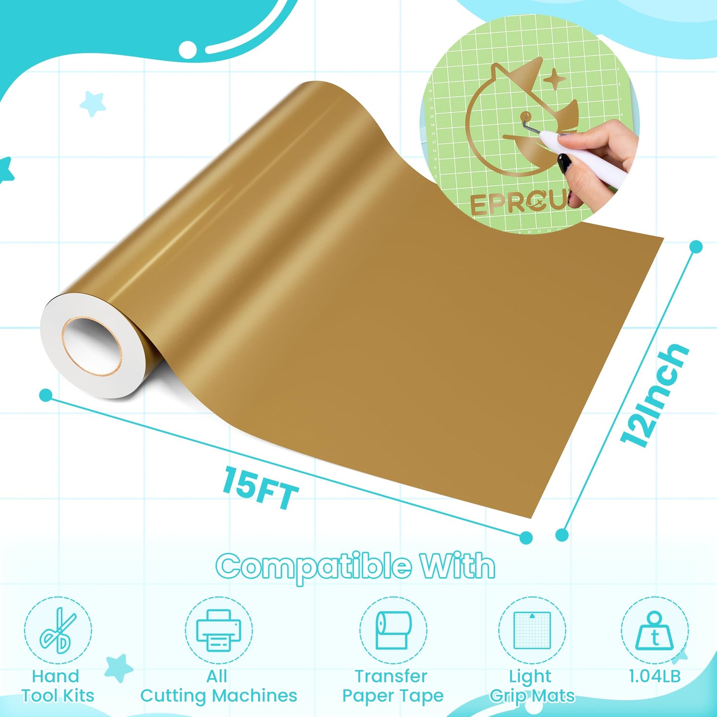 EPRCUT Gold Permanent Vinyl, 12'' x 15FT Golden Adhesive Vinyl Roll for Cricut Machine, Silhouette Cutter, Glossy Gold Vinyl for Wedding Decorations, DIY Birthday Party, Car Decals, Daily Wall Stickers