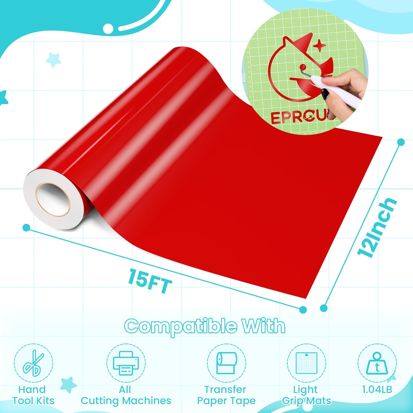 EPRCUT Red Permanent Vinyl 12'' x 15FT roll for All Cutting Machine, Outdoor Waterproof Permanent Glossy Vinyl, Home DIY Craft Stickers Home Decor Wall Decals, DIY Mug