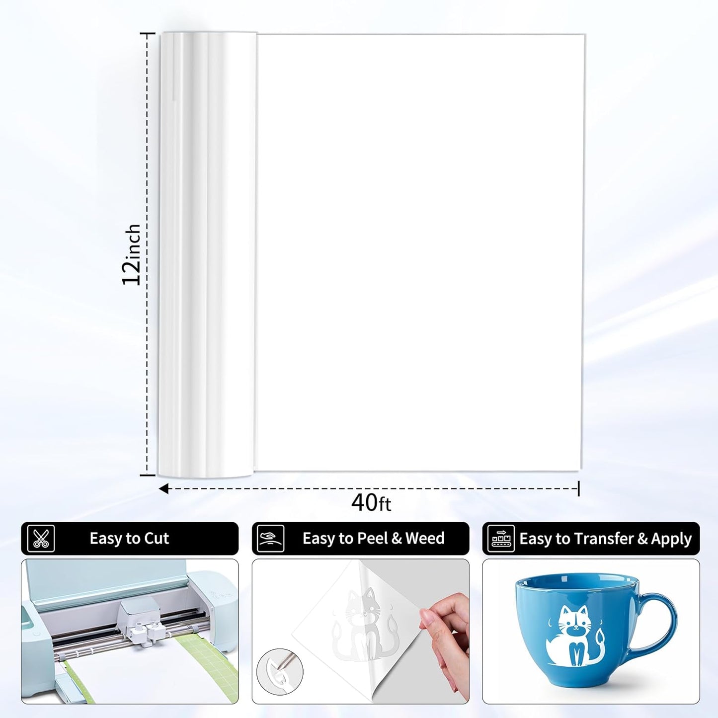 White Permanent Vinyl, Eprcut 12" x 40 FT Adhesive Vinyl for Cricut, Glossy White Vinyl Roll for All Cutting Machine, Silhouette, Cameo Cutters, Indoor, Outdoor Waterproof DIY Craft, Car, Wall Sticker