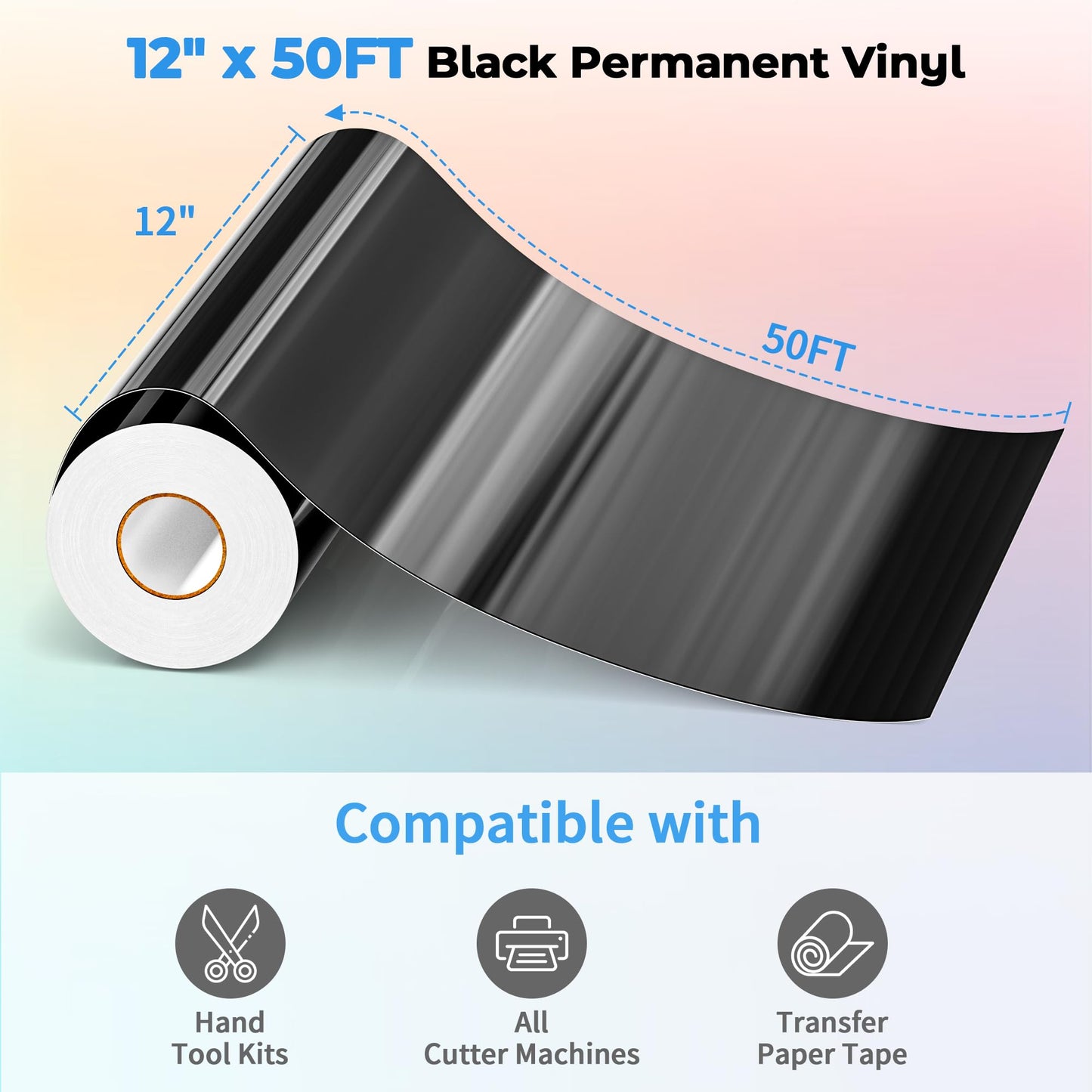 EPRCUT Black Vinyl for Cricut Machine, Silhouette Cameo, 12'' x 50FT Glossy Black Permanent Vinyl Roll for DIY Party Decoration, Black Adhesive Vinyl for Home Wall Stickers, Mug, Card, Sign, Car Decals