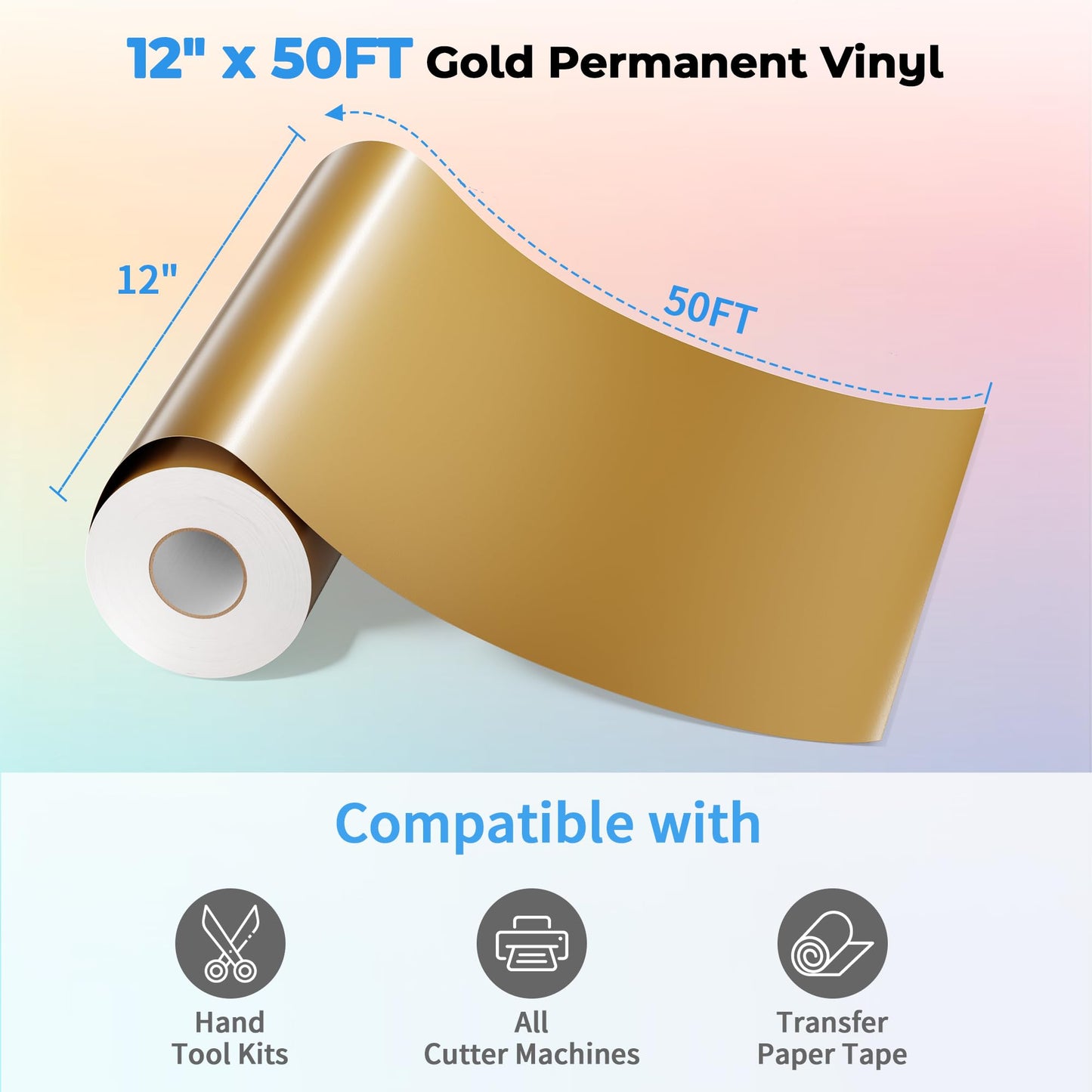EPRCUT Gold Permanent Vinyl for Cricut Machine, Silhouette Cutter, 12'' x 50FT Golden Adhesive Vinyl Roll, Glossy Gold Vinyl for Wedding Decorations, DIY Birthday Party, Car Decals, Daily Wall Stickers