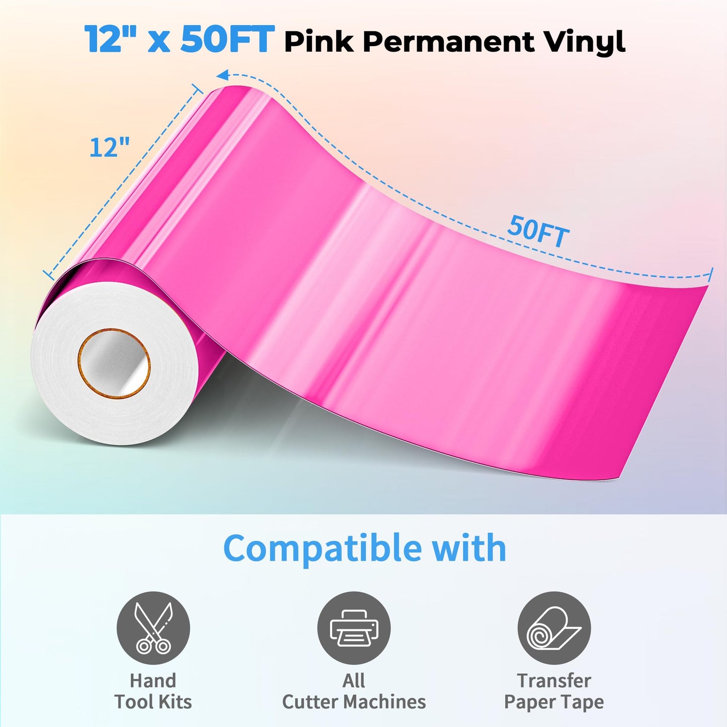 EPRCUT Pink Permanent Vinyl for Cricut, Silhouette Cutter, 12'' x 50FT Adhesive Vinyl Roll, Glossy Pink Vinyl for Wedding Party Decorations, DIY Mug, Signs, Birthday Balloons, Car Decals, Wall Stickers