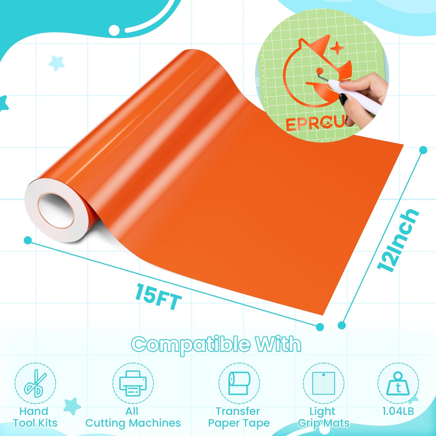 EPRCUT Orange Permanent Vinyl, 12'' x 15FT Glossy Orange Adhesive Vinyl Roll for Cricut, Silhouette Cutting Machines, Orange Vinyl for Birthday Party Decorations, DIY Mug, Car Decals, Wall Stickers