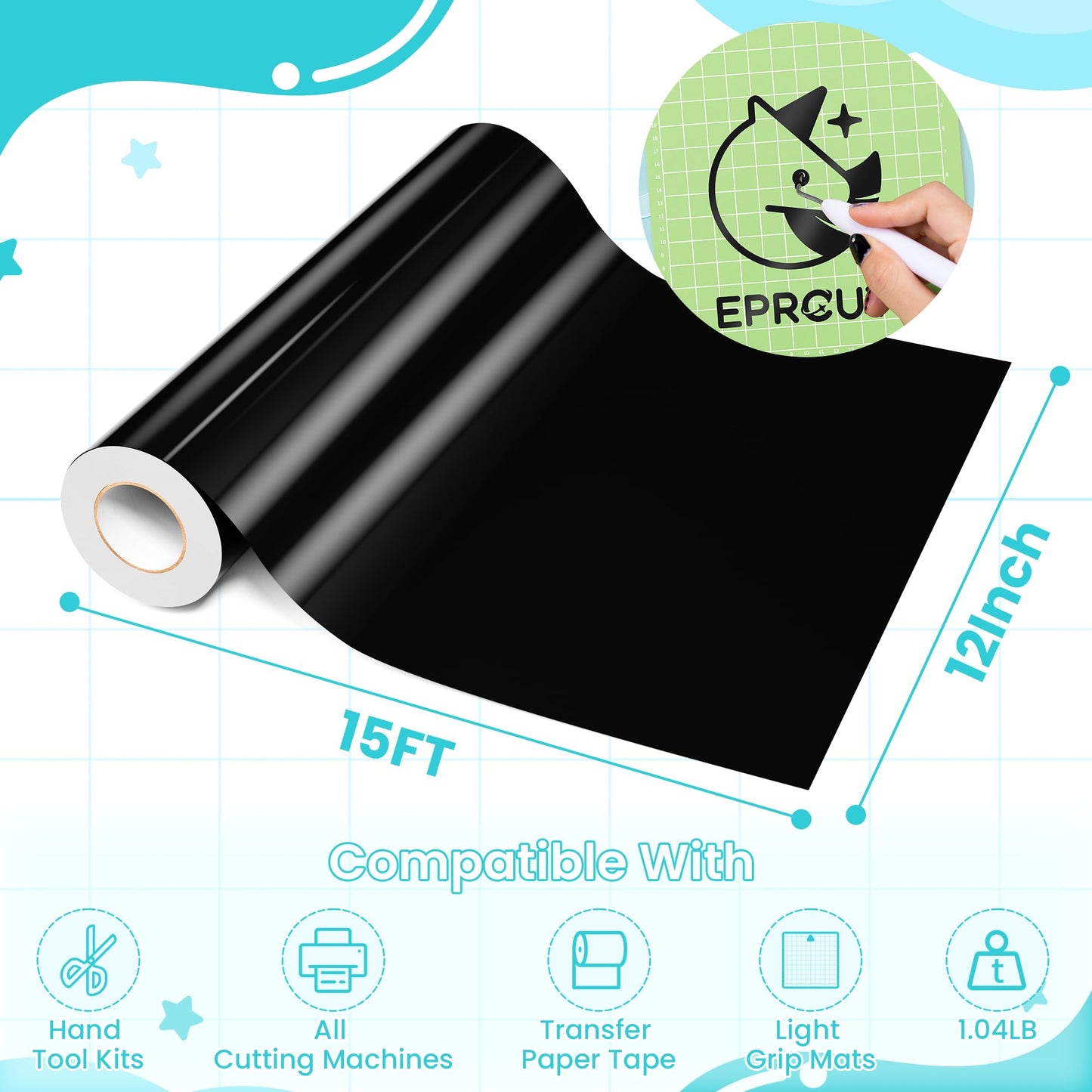 EPRCUT Black Permanent Vinyl for Cricut Machine, Silhouette Cameo, 12'' x 15FT Glossy Black Adhesive Vinyl Roll for DIY Party Decoration, Black Vinyl for Home Wall Stickers, Mug, Card, Sign, Car Decals