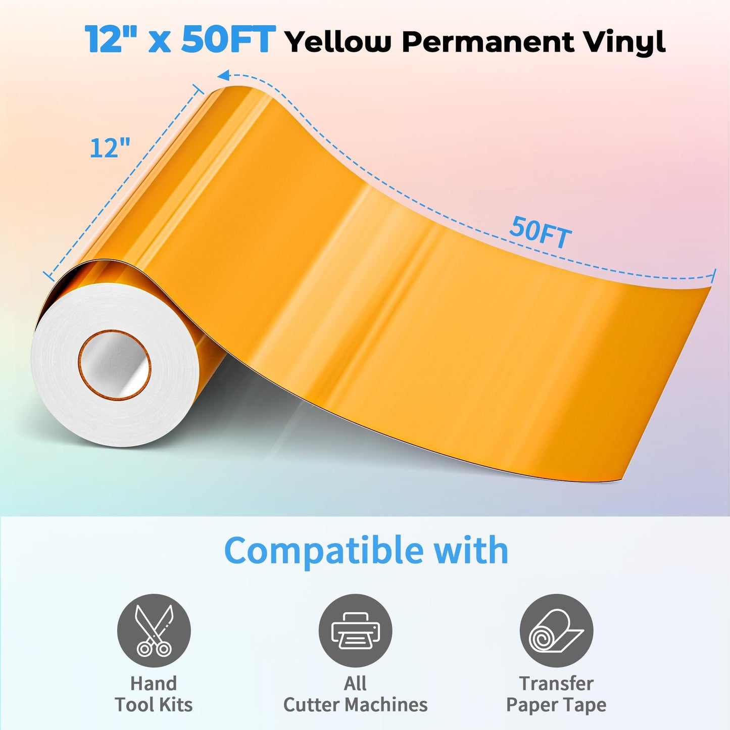 EPRCUT Yellow Permanent Vinyl 12'' x 50FT roll for All Cutting Machine, Outdoor Permanent Glossy Vinyl, Home DIY Craft Stickers Home Decor Wall Decals, DIY Mug