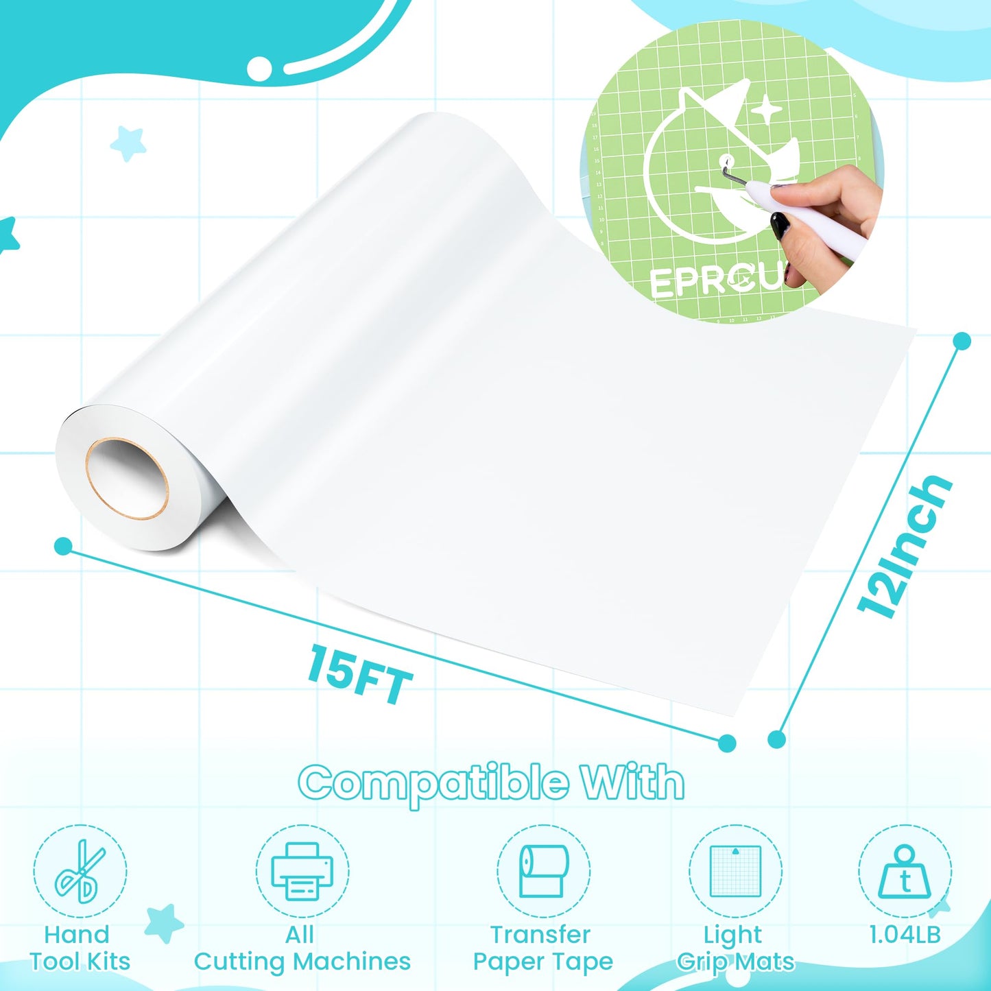 EPRCUT White Permanent Vinyl 12'' x 15FT Roll for All Cutting Machine, Outdoor Glossy White Permanent Vinyl, Home DIY Craft Stickers Wall Decals, DIY Mug