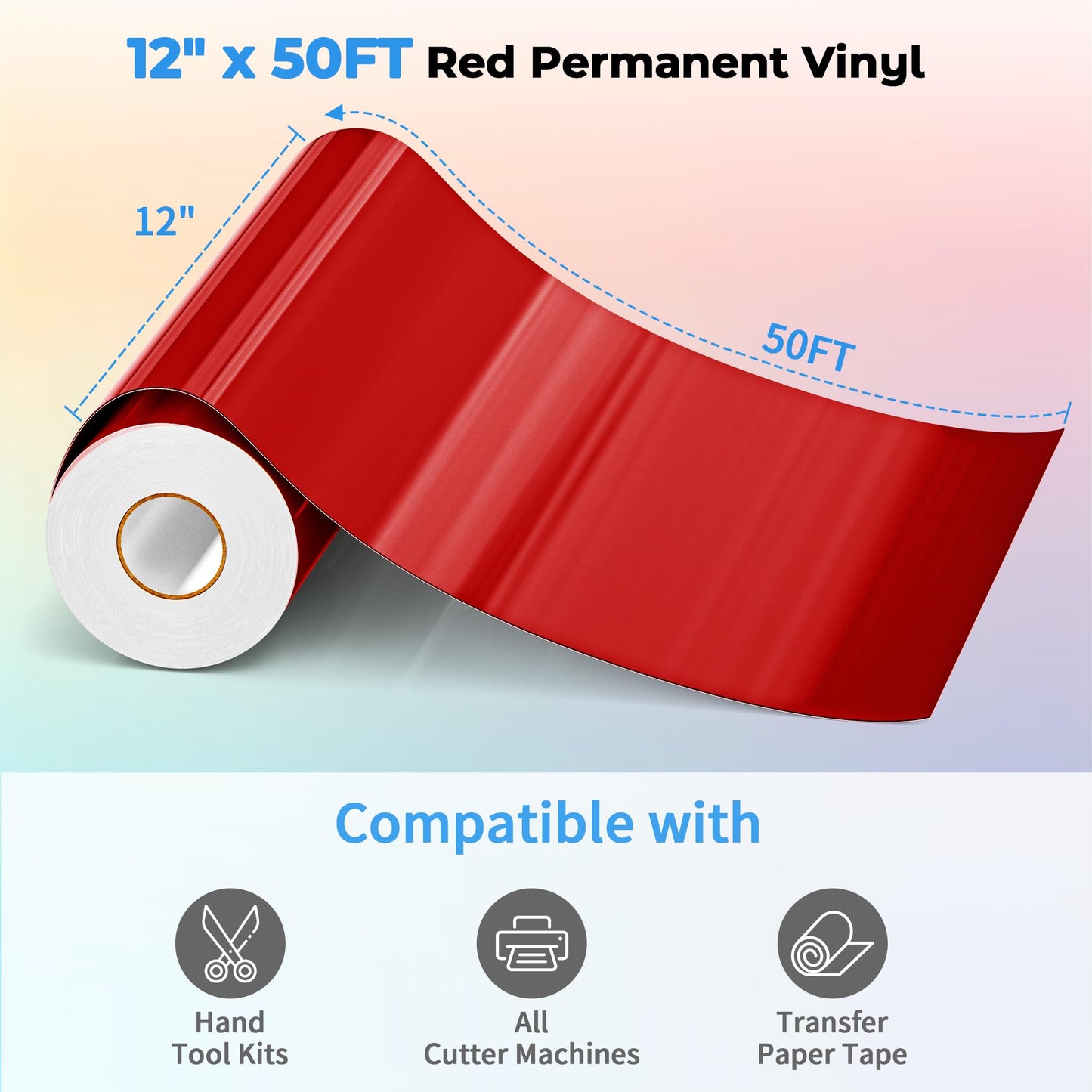 EPRCUT Red Permanent Vinyl for Cricut Machines, 12'' x 50 FT Glossy Red Adhesive Vinyl Roll for Wedding Decorations, DIY Birthday Party Vinyl Stickers, Red Vinyl for Home Crafts, Cards, Mug, Car Decals